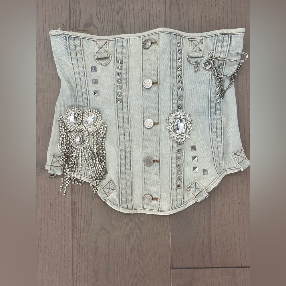 AKIRA Embellished Light Wash Blue Denim Lace-Up Corset Top - S
